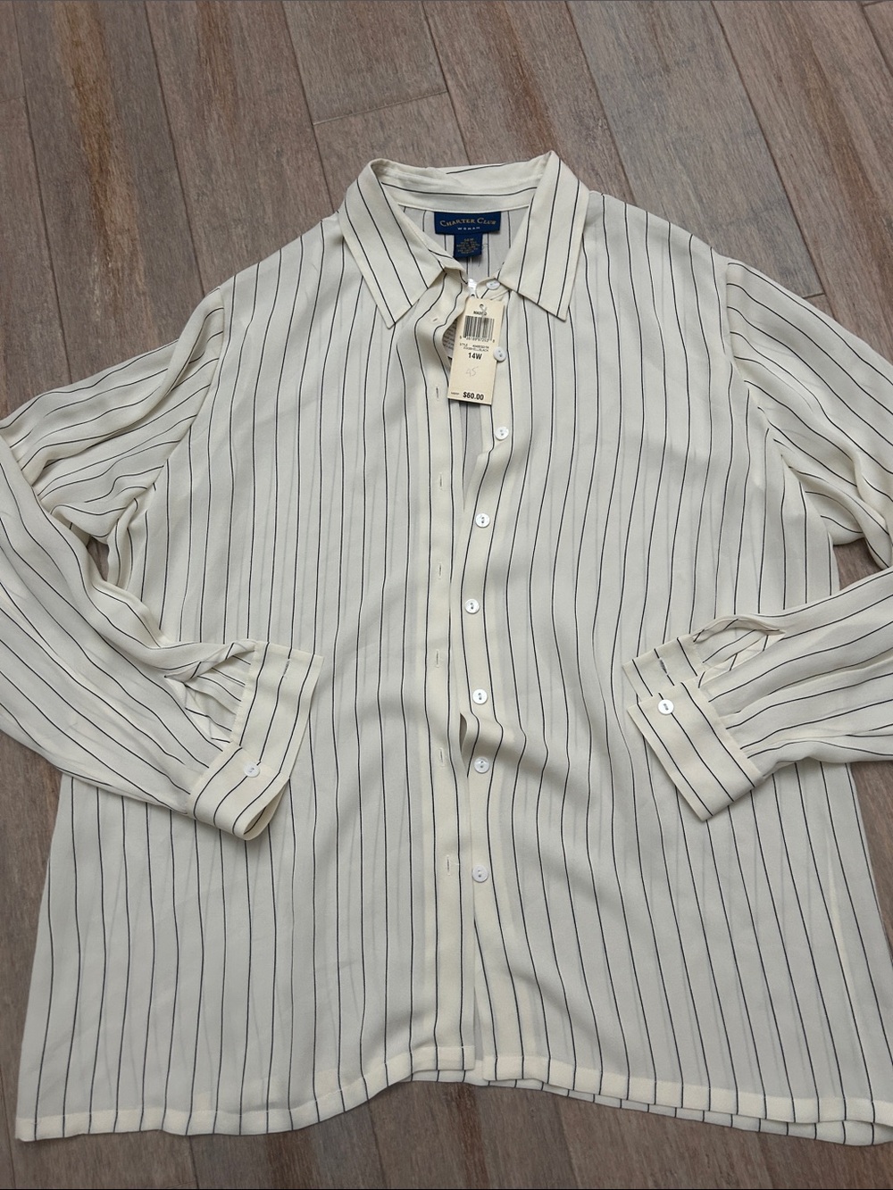Charter Club Silk Cream Button-Down Shirt with black Pinstripes size 14 W - Picture 9 of 15